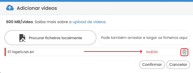 Alerta de ficheiro inválido.