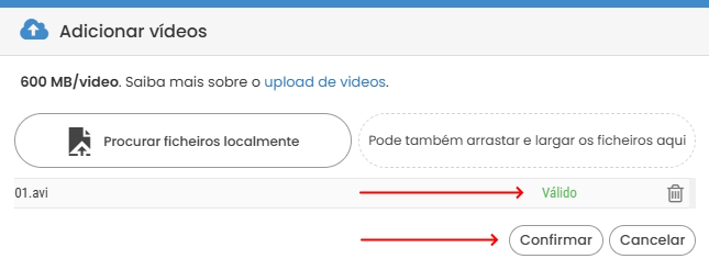 Notificação de ficheiro válido.